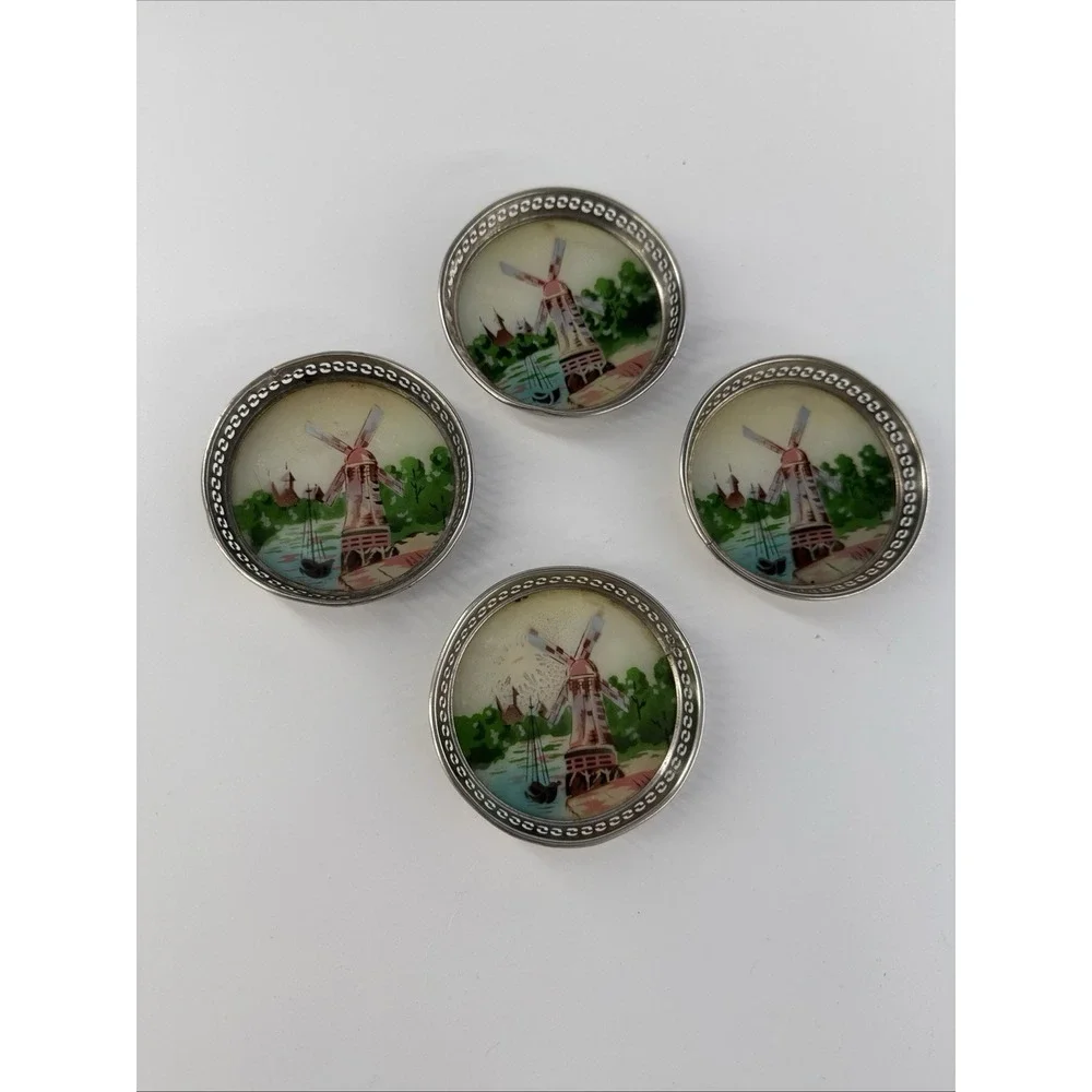 Vintage Porcelain Glass 4 Coasters Hand Painted Windmill Scene Metal Rim